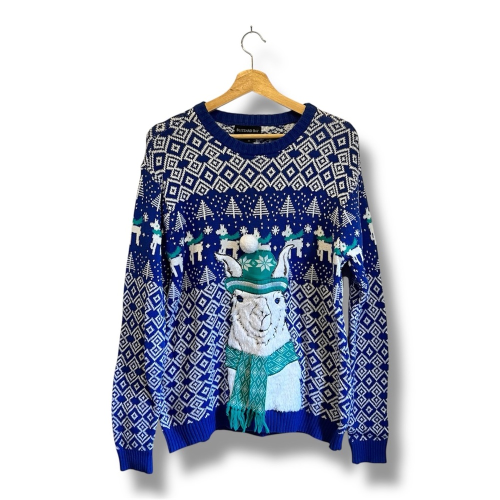 Blizzard Bay Festive Blue and White Llama Sweater Size S